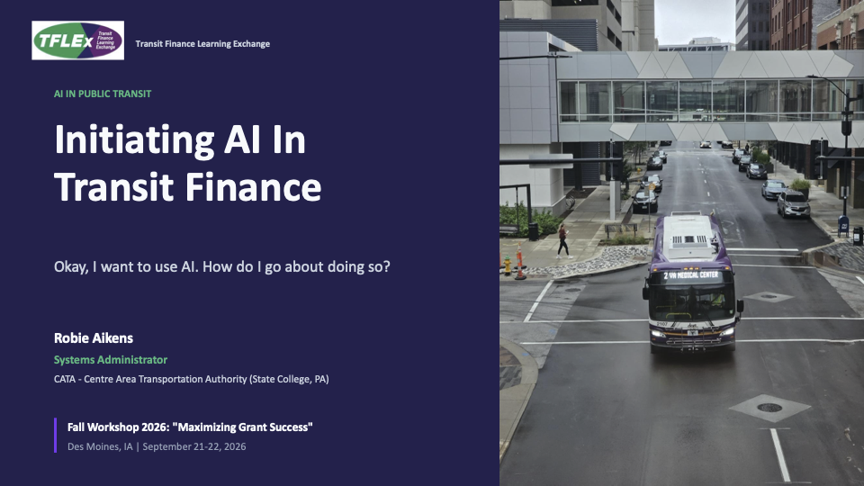 Title slide: Initiating AI in Transit Finance, Robie Aikens
